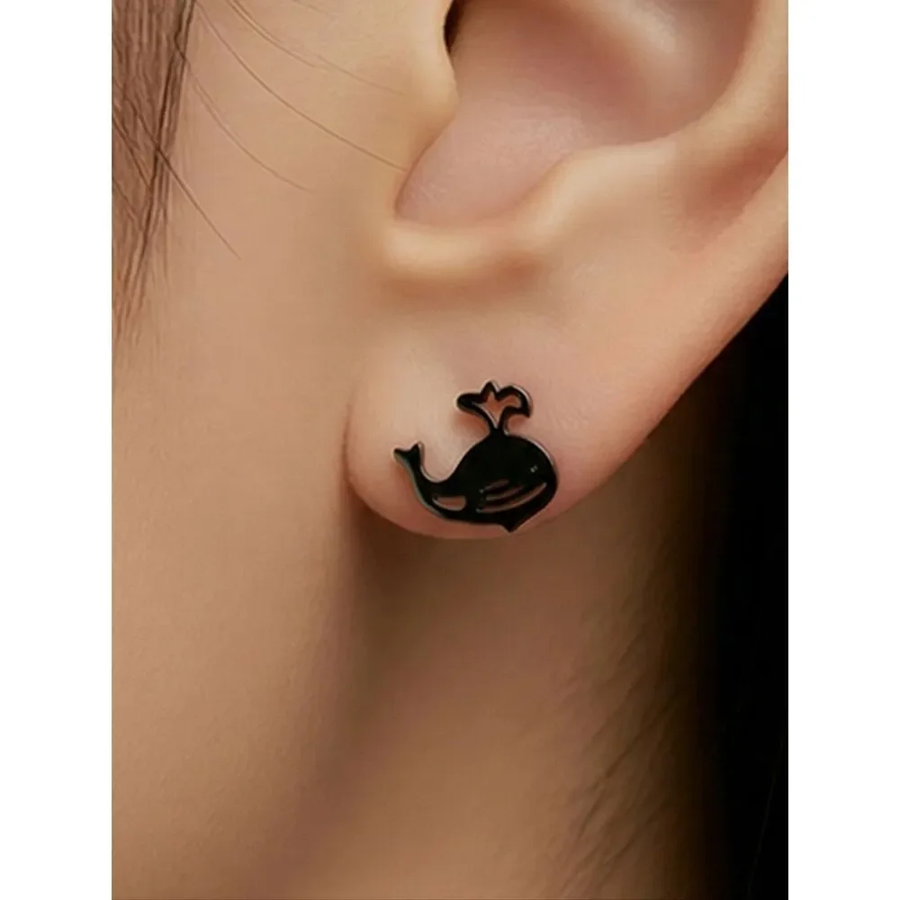 Black Whale Stud Earrings Stainless Steel Silhouette Ocean Animal Dainty